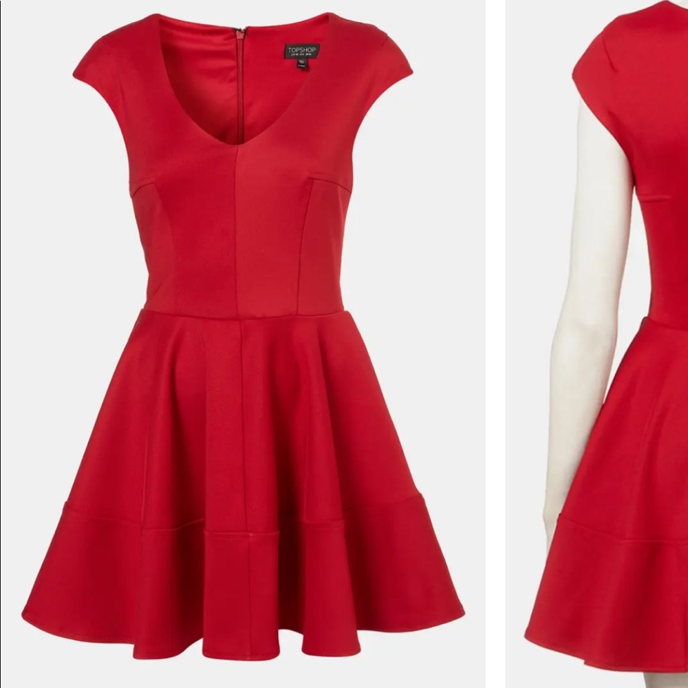 Red Topshop Rib Pleated Skater Dress - Cap Sleeve